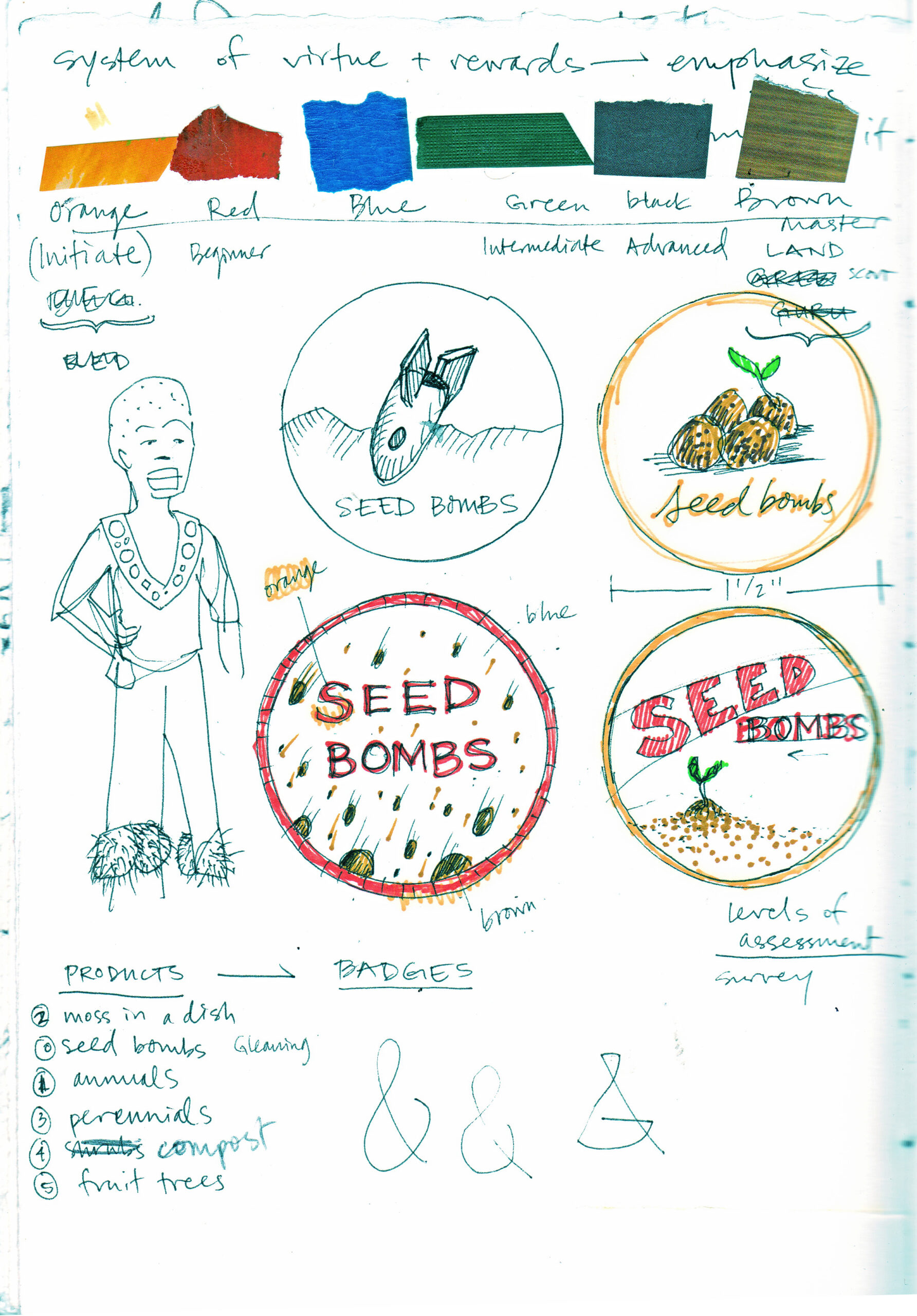 An image of sketches on paper showing seed bombs and color swatches