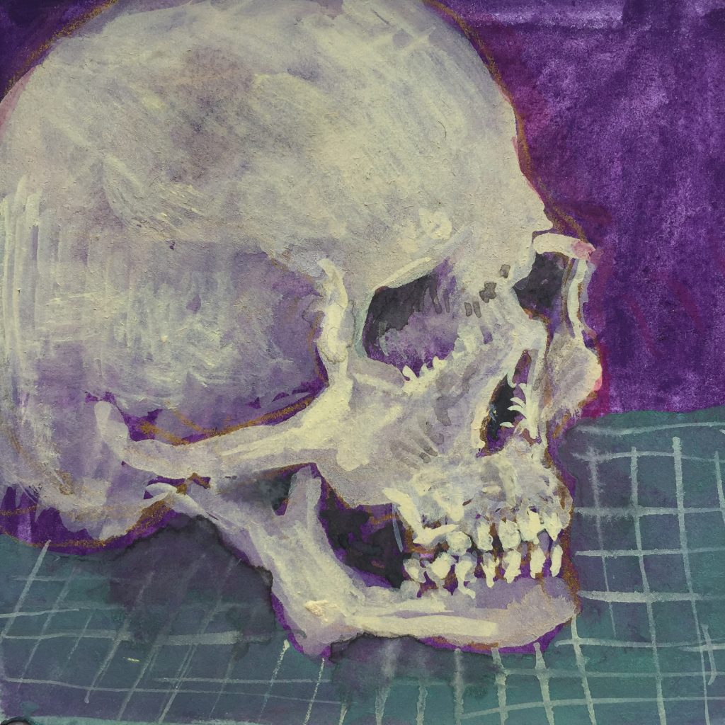 A loose painting of a skull on a green gridded cutting mat with a purple background.