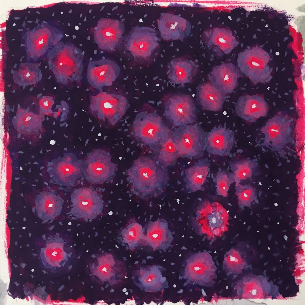 A group of star-like white dots on a purple background. Each of the white dots has a magenta halo surrounded by a lavender halo. 