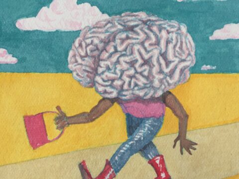 A woman's figure with a large brain for a head. She's wearing red boots and swinging a red purse.