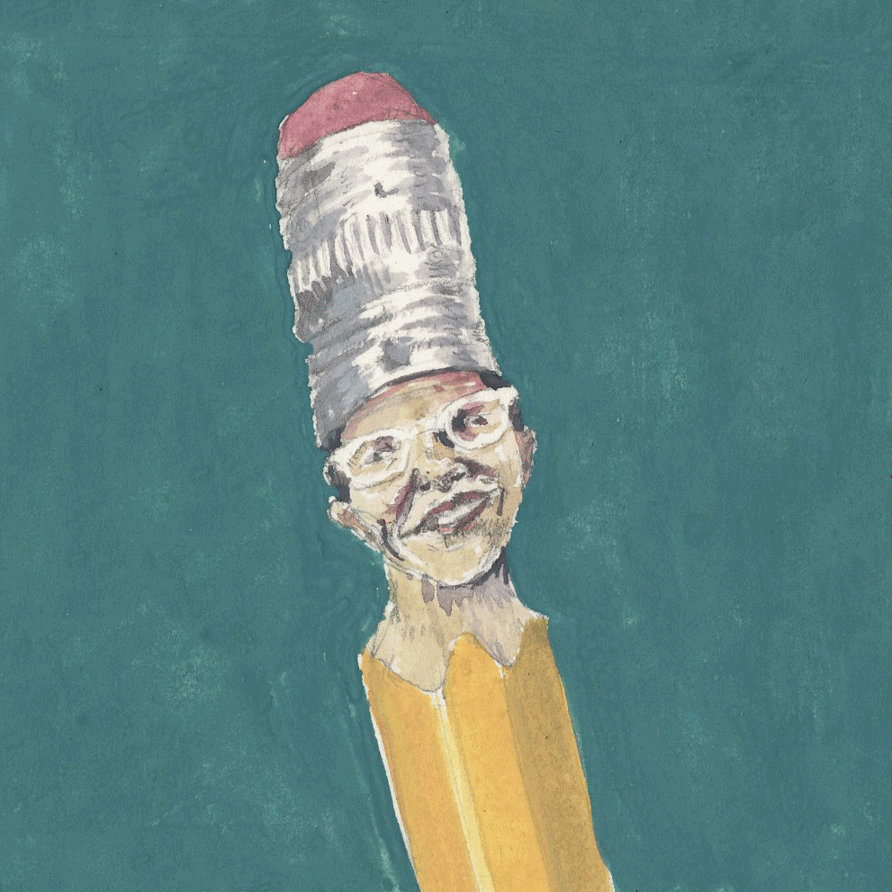 A gouache painting of the top third of a yellow pencil with a white woman's head just below the eraser. She is smiling and wearing glasses.