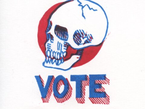 An image of a blue line drawing of a skull in front of a red circle. Below the skull are blue letters that read VOTE.