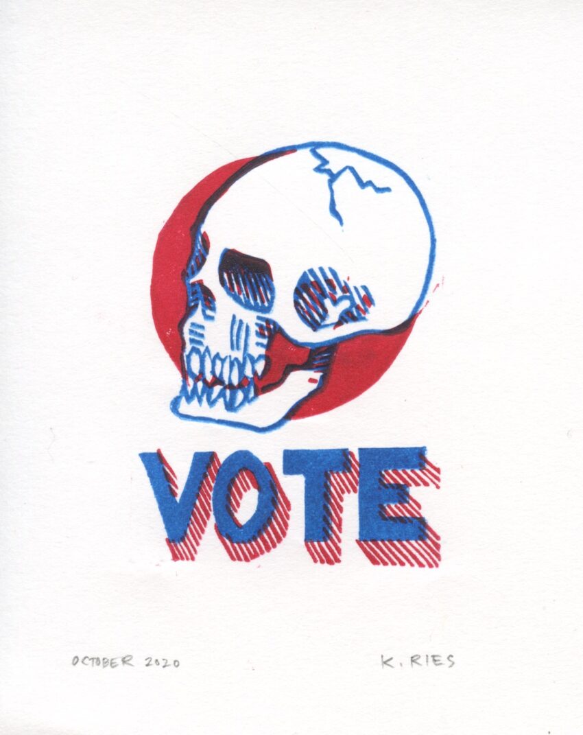 An image of a blue line drawing of a skull in front of a red circle. Below the skull are blue letters that read VOTE.