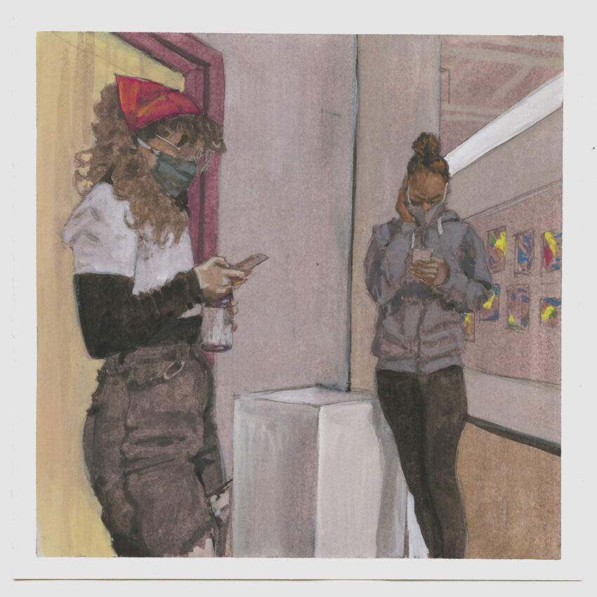 A painting of two women wearing masks and looking down at their cell phones.