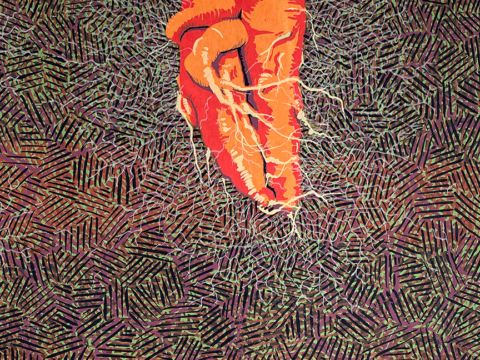 A screenprint of two carrots underground and with their roots intertwined. The soil around them is made up of overlapping colored marks. There's a web of thin white mycelium coming off the carrots into the surrounding soil.