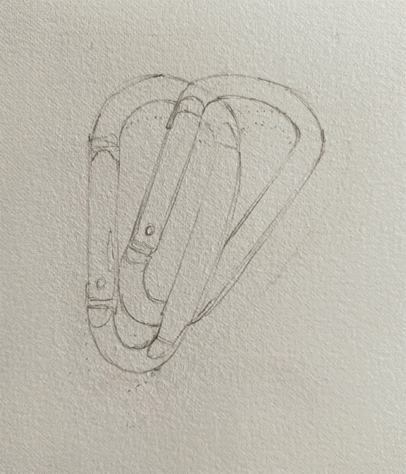 An animated gif showing the process of moving from pencil sketch to finished painting of two carabiners, one yellow, one red. They are interlinked.