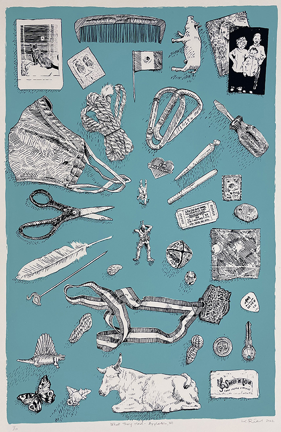The final print has a blue background. The line work of the objects is dark blue. The objects are arranged somewhat around radial axes. 
