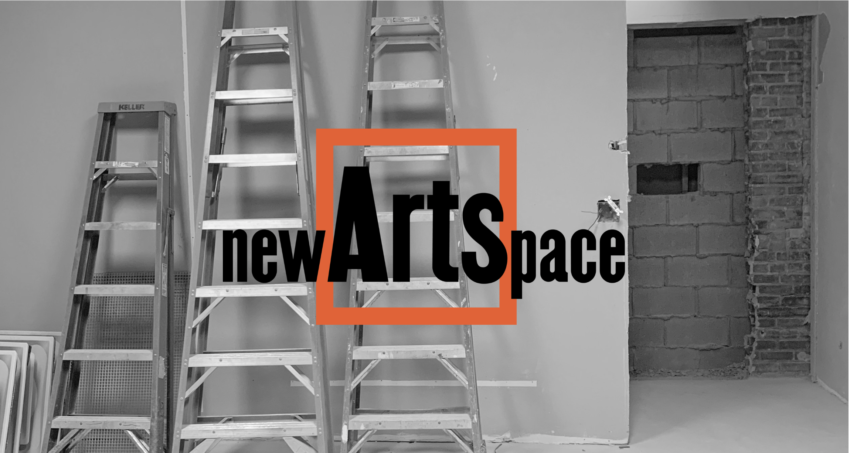 A black and white image of some ladders leaning agains a clean drywall. The words newArtSpace are over the image of the ladder. There is a red box around the word Arts.