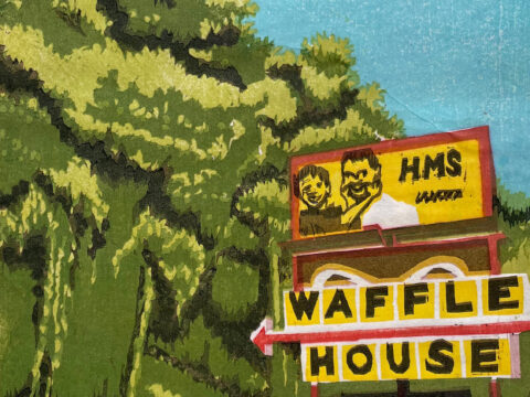 A woodblock print of a Waffle House sign at the edge of a parking lot. In the background are non-descript out buildings, a red car, and a hillside covered in kudzu.