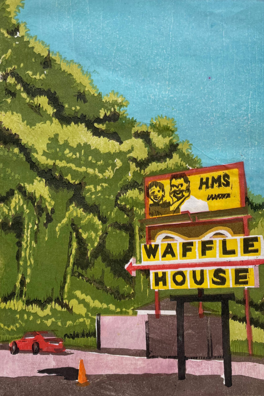 A woodblock print of a Waffle House sign at the edge of a parking lot. In the background are non-descript out buildings, a red car, and a hillside covered in kudzu.