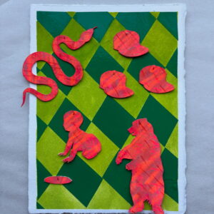 An image of a mixed media piece of art, green checkerboard, red silhouettes.