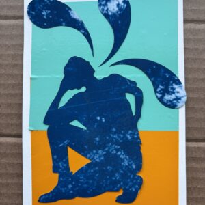 Mixed media art piece: gold and aqua background, blue squatting figure with large tear drop shapes arching
