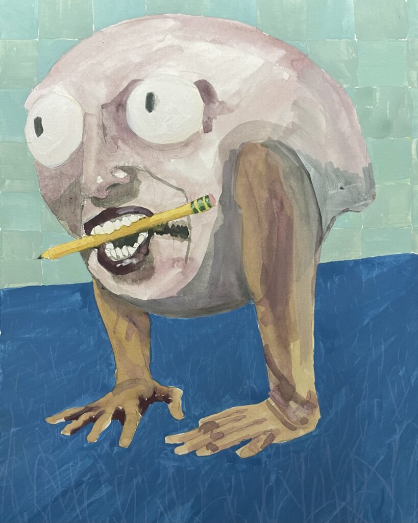 An image of a round head with two forearms for legs. The face of the head has bright spherical eyes and a pencil clenched in its teeth. 